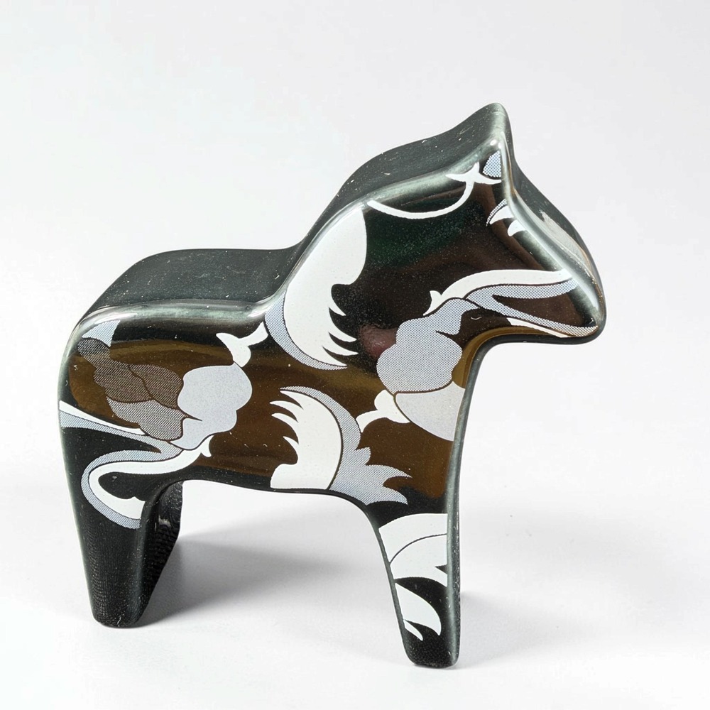 Anna Viktoria Sweden Dala Horse Ceramic Figurine Black Gray Swedish Folk Art